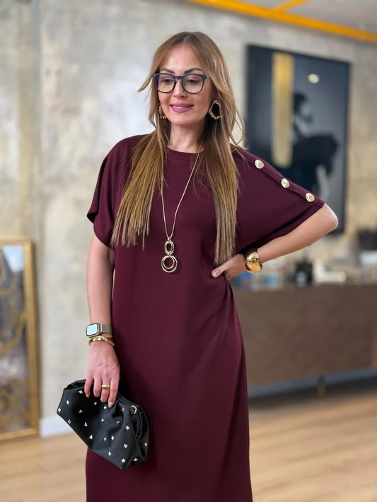 👗Gold Düğmeli Yarasa Kol İki İplik Viskon Elbise ✨