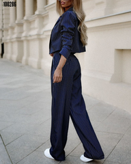 Kadın Atlas Kumaş Çizgili Ceket & Bol Paça Pantolon İkili Takım