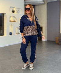 Leopar Detaylı İki İplik Kumaş Eşofman Takımı