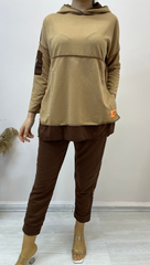 Kadın Kapşonlu Etek Ucu Detay Arma Ters Dikiş Görünümlü İkili Takım