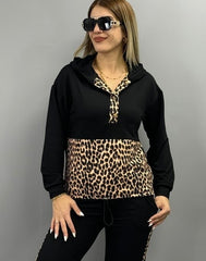 Leopar Detaylı İki İplik Kumaş Eşofman Takımı