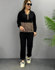 Leopar Detaylı İki İplik Kumaş Eşofman Takımı