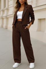 Kadın Atlas Kumaş Çizgili Ceket & Bol Paça Pantolon İkili Takım