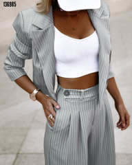 Kadın Atlas Kumaş Çizgili Ceket & Bol Paça Pantolon İkili Takım