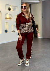 Leopar Detaylı İki İplik Kumaş Eşofman Takımı