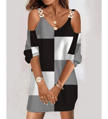 Kadın uzun kollu askılı V yaka askı aksesuar, omuz dekolte detay şardonlu dalgıç mini boy elbise