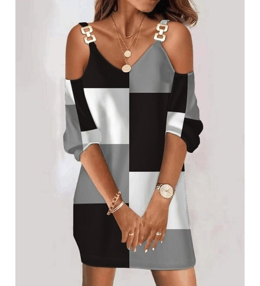 Kadın uzun kollu askılı V yaka askı aksesuar, omuz dekolte detay şardonlu dalgıç mini boy elbise