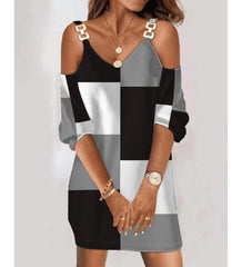 Kadın uzun kollu askılı V yaka askı aksesuar, omuz dekolte detay şardonlu dalgıç mini boy elbise