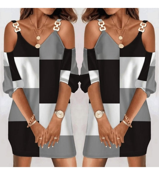 Kadın uzun kollu askılı V yaka askı aksesuar, omuz dekolte detay şardonlu dalgıç mini boy elbise