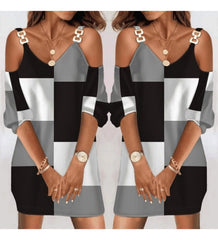 Kadın uzun kollu askılı V yaka askı aksesuar, omuz dekolte detay şardonlu dalgıç mini boy elbise