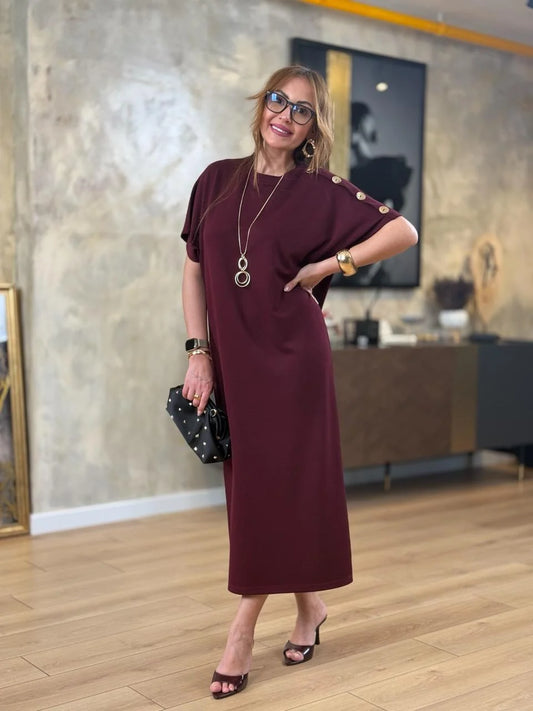 👗Gold Düğmeli Yarasa Kol Zara Krep Elbise ✨