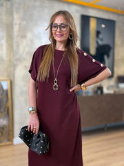 👗Gold Düğmeli Yarasa Kol İki İplik Viskon Elbise ✨