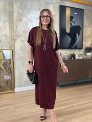 👗Gold Düğmeli Yarasa Kol İki İplik Viskon Elbise ✨