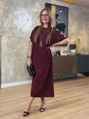 👗Gold Düğmeli Yarasa Kol İki İplik Viskon Elbise ✨