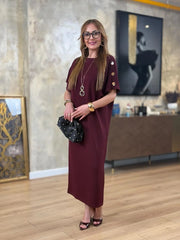 👗Gold Düğmeli Yarasa Kol İki İplik Viskon Elbise ✨