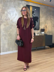 👗Gold Düğmeli Yarasa Kol İki İplik Viskon Elbise ✨