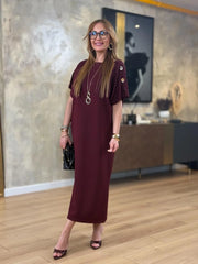 👗Gold Düğmeli Yarasa Kol İki İplik Viskon Elbise ✨