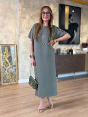 👗Gold Düğmeli Yarasa Kol İki İplik Viskon Elbise ✨