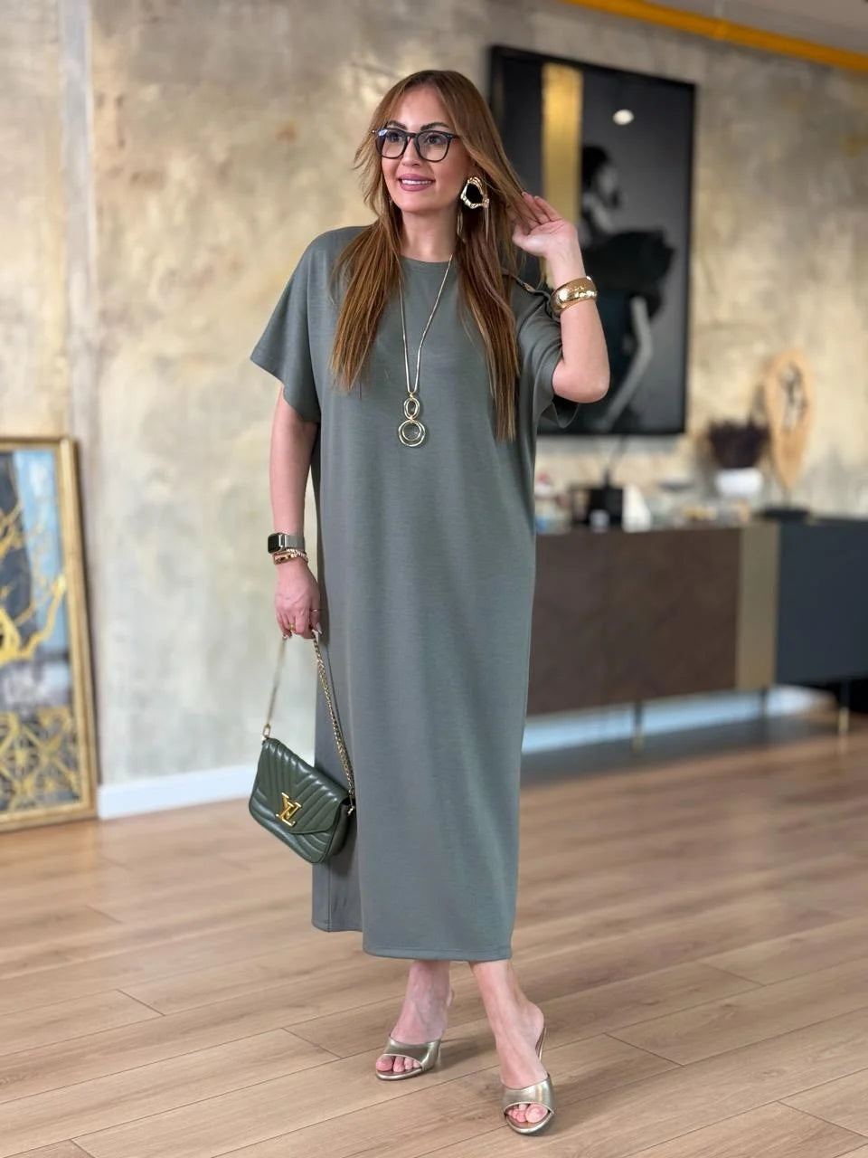 👗Gold Düğmeli Yarasa Kol İki İplik Viskon Elbise ✨