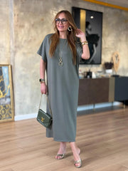 👗Gold Düğmeli Yarasa Kol İki İplik Viskon Elbise ✨