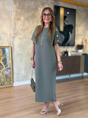 👗Gold Düğmeli Yarasa Kol İki İplik Viskon Elbise ✨