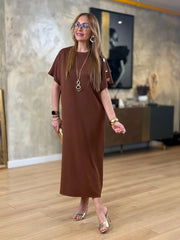 👗Gold Düğmeli Yarasa Kol İki İplik Viskon Elbise ✨