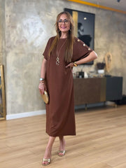 👗Gold Düğmeli Yarasa Kol İki İplik Viskon Elbise ✨