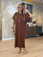 👗Gold Düğmeli Yarasa Kol İki İplik Viskon Elbise ✨