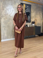 👗Gold Düğmeli Yarasa Kol İki İplik Viskon Elbise ✨