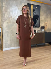 👗Gold Düğmeli Yarasa Kol İki İplik Viskon Elbise ✨