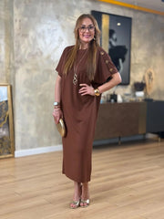 👗Gold Düğmeli Yarasa Kol İki İplik Viskon Elbise ✨