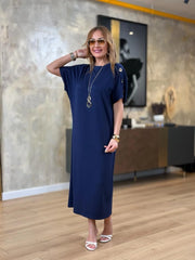 👗Gold Düğmeli Yarasa Kol İki İplik Viskon Elbise ✨