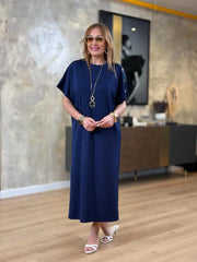 👗Gold Düğmeli Yarasa Kol İki İplik Viskon Elbise ✨