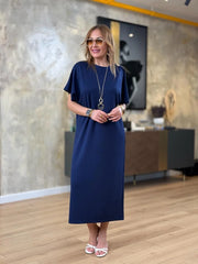 👗Gold Düğmeli Yarasa Kol İki İplik Viskon Elbise ✨