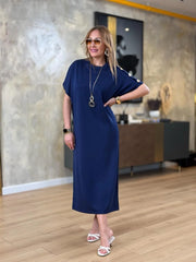 👗Gold Düğmeli Yarasa Kol İki İplik Viskon Elbise ✨