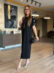 👗Gold Düğmeli Yarasa Kol İki İplik Viskon Elbise ✨