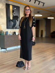 👗Gold Düğmeli Yarasa Kol İki İplik Viskon Elbise ✨