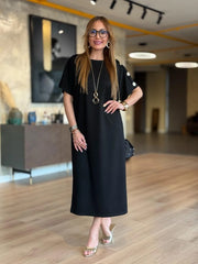 👗Gold Düğmeli Yarasa Kol İki İplik Viskon Elbise ✨