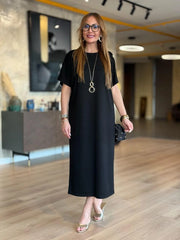 👗Gold Düğmeli Yarasa Kol İki İplik Viskon Elbise ✨