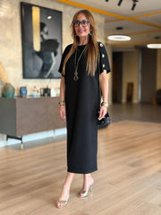 👗Gold Düğmeli Yarasa Kol İki İplik Viskon Elbise ✨