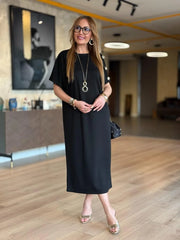 👗Gold Düğmeli Yarasa Kol İki İplik Viskon Elbise ✨