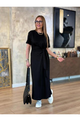 YANDAN BAĞLAMALI VİSKON ELBİSE
