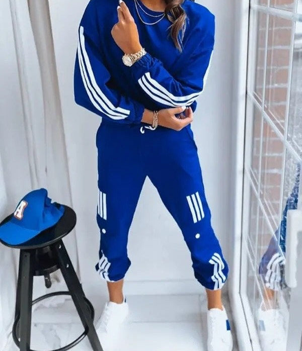 Kadın uzun kollu beyaz şerit detay kargo cep iki iplik ikili takım