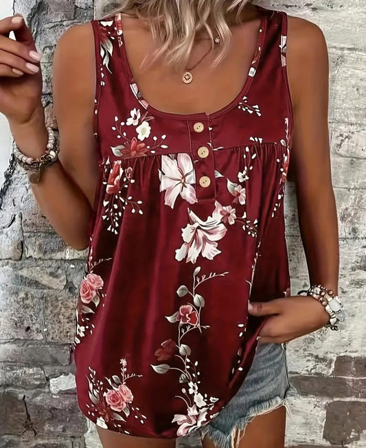 Kadın kalın askılı önü düğme detay çiçek desen bluz