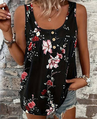 Kadın kalın askılı önü düğme detay çiçek desen bluz