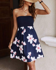 Kadın straplez gipe detay çiçek baskılı süprem elbise