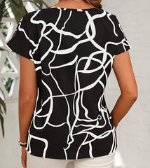 Kadın kısa kollu bisiklet yaka süprem desenli bluz