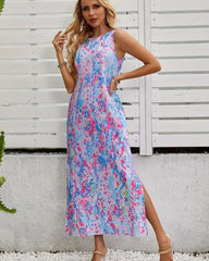 Kadın askılı yuvarlak yaka yandan yırtmaçlı uzun süprem elbise