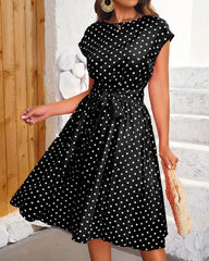 Kadın beli kuşaklı puantiyeli sandy elbise